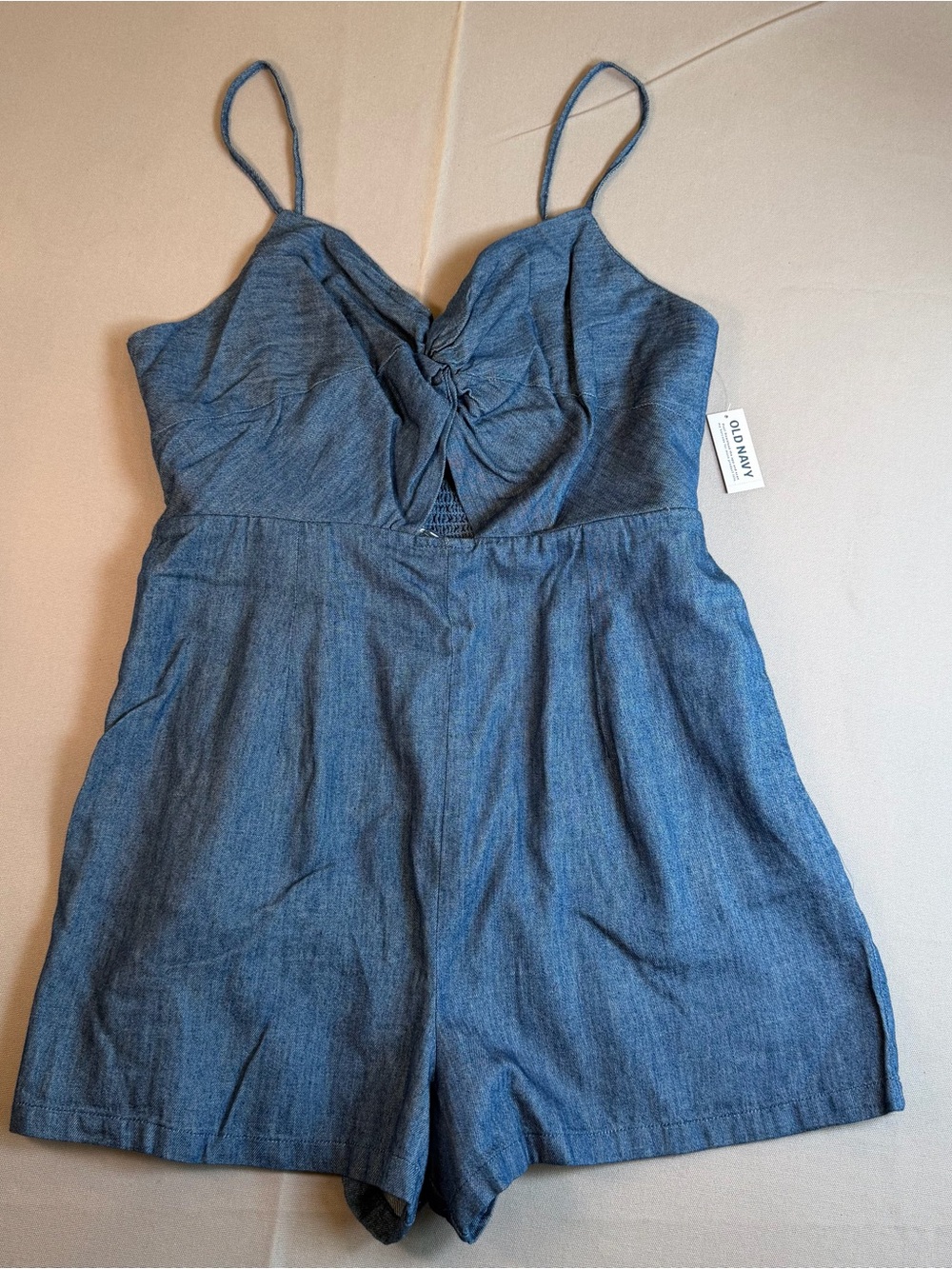 Old Navy Women’s szL Blue Denim-Style Peek-A-Boo Knotted Front Romper NEW